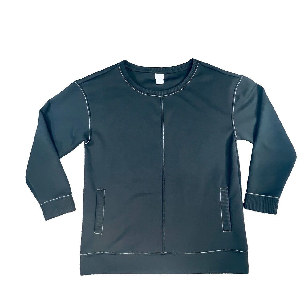 CHICOS ZENERGY BLACK SWEATSHIRT TUNIC SZ 1 ROUND NECK LONGSLEEVE POCKETS